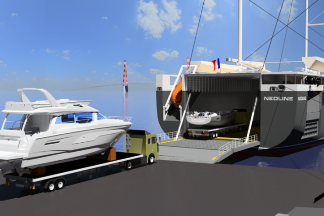 Simulation der Beladung von Bnteau-Booten auf dem Neoline Ro-Ro-Segelschiff